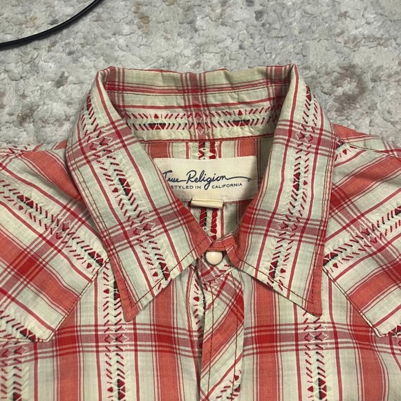 True Religion Plaid Western Snap Button Shirt Womens M Blue Brown Long Sleeve - Picture 6 of 12